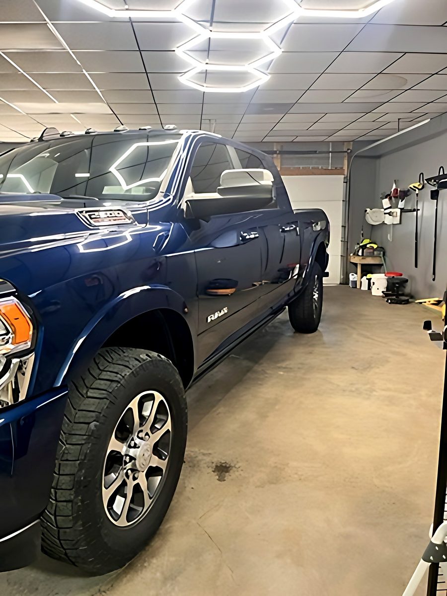 Blue Ram pickup in the shop